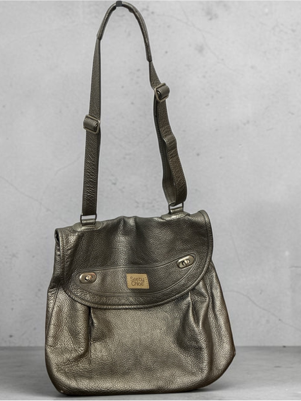 See by Chloé Metallic Pewter Leather Shoulder Bag | Adjustable Strap Large Hobo